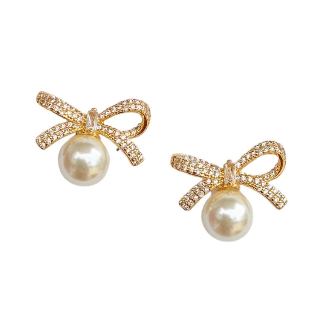Pearl Bow Stud Earrings | Gold