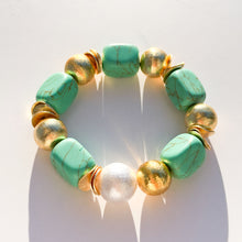 Load image into Gallery viewer, Green Turquoise Howlite, Cotton Pearl & Brushed Gold Chunky Stretch Bracelet