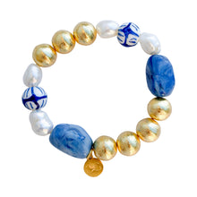 Load image into Gallery viewer, Fresh Water Pearls, Blue Porcelain & Brushed Gold Mixed Bead Stretch Bracelet