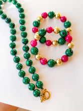 Load image into Gallery viewer, Malachite, Fuchsia Jade & Brushed Gold Beaded Stretch Bracelet
