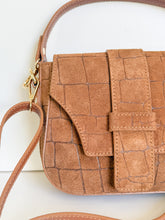 Load image into Gallery viewer, Carlotta Croc-Embossed Suede Saddle Bag | Camel