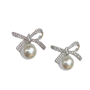 Pearl Bow Stud Earrings | Silver