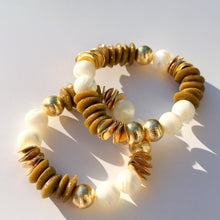 Load image into Gallery viewer, Mother of Pearl, Brown Ashanti Beads & Brushed Gold Beaded Stretch Bracelet