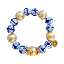 Load image into Gallery viewer, Blue & White Porcelain Bead & Brushed Gold Stretch Bracelet