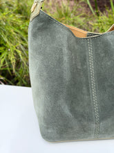 Cargar imagen en el visor de la galería, Giulia Braided-Handle Suede Bucket Bag | Sage