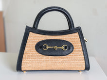 Cargar imagen en el visor de la galería, Donatella Raffia & Leather with Horsebit Detail Handbag | Black