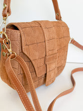 Load image into Gallery viewer, Carlotta Croc-Embossed Suede Saddle Bag | Camel