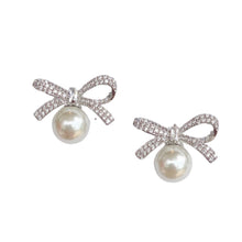 Load image into Gallery viewer, Pearl Bow Stud Earrings | Silver
