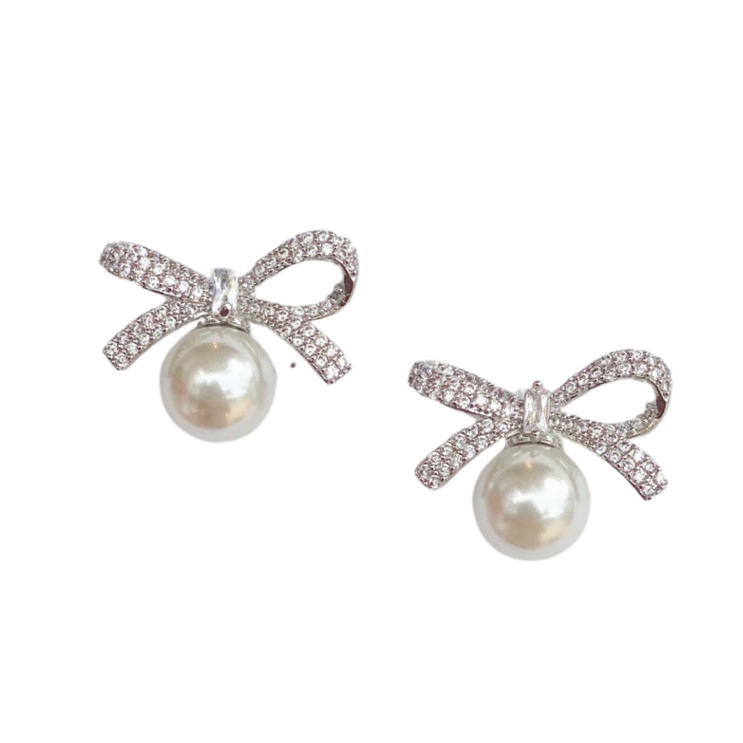 Pearl Bow Stud Earrings | Silver