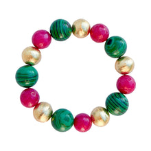 Load image into Gallery viewer, Malachite, Fuchsia Jade & Brushed Gold Beaded Stretch Bracelet