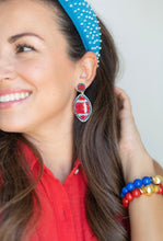 Load image into Gallery viewer, Red, White and Blue Beaded GameDay Football Earrings
