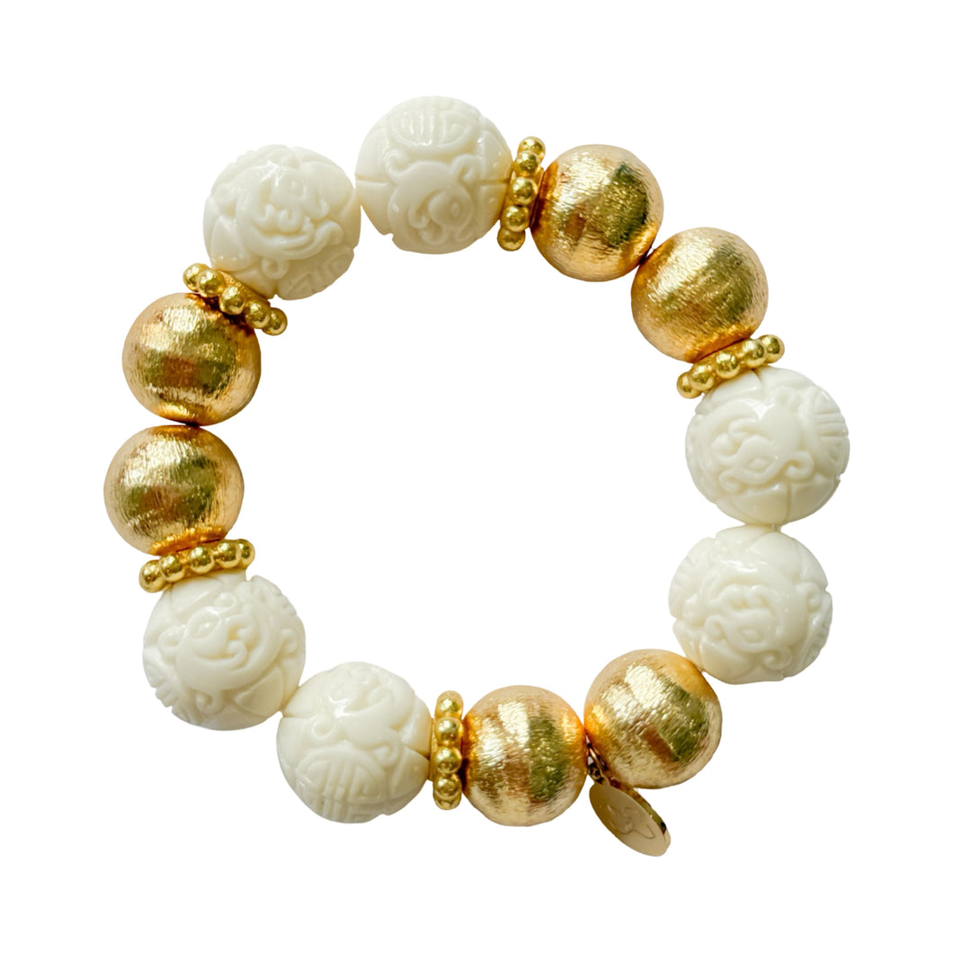 Carved Chinese Beige Beads Bracelet | 14mm