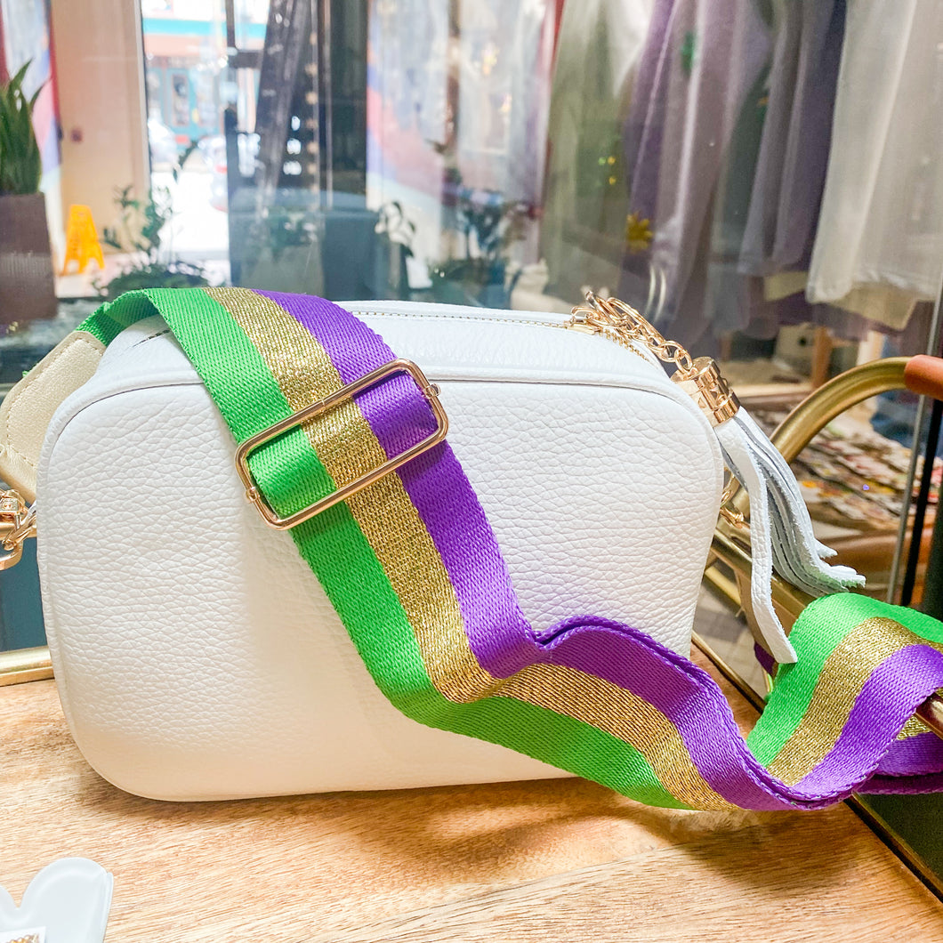 Camera Italian Handbag | White with Mardi Gras Strap