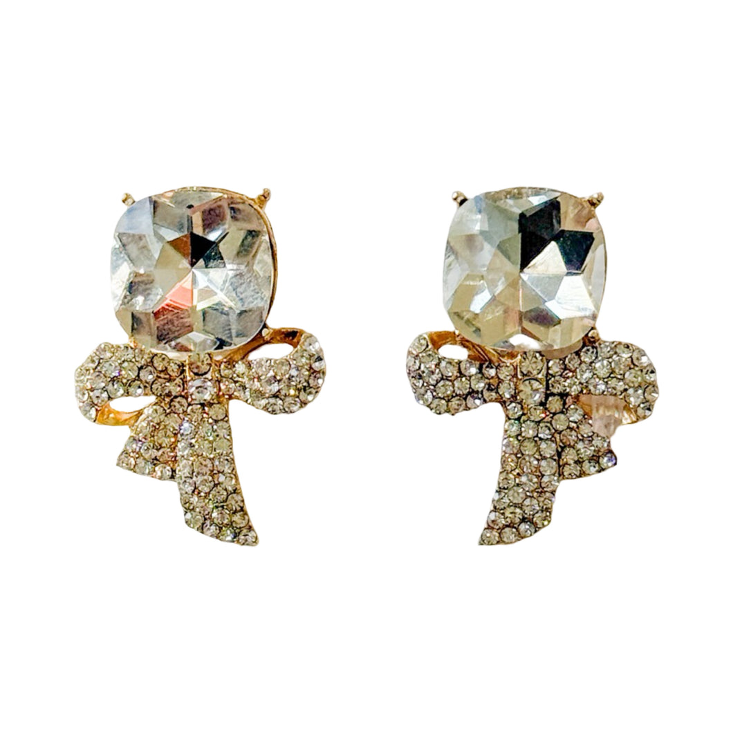 Mila Bow and Stone Earrings | Silver Clear