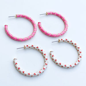 Hoops With Hearts | White| Pink