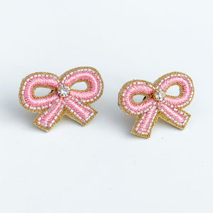 Small Embroidered Pink Bow Earrings