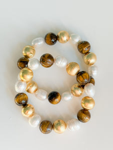 Tiger's Eye, Fresh water Pearls and Gold Beads Bracelet | 12mm