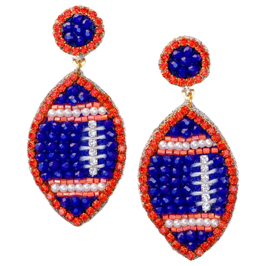 Royal Blue and Orange Beaded GameDay Football Earrings