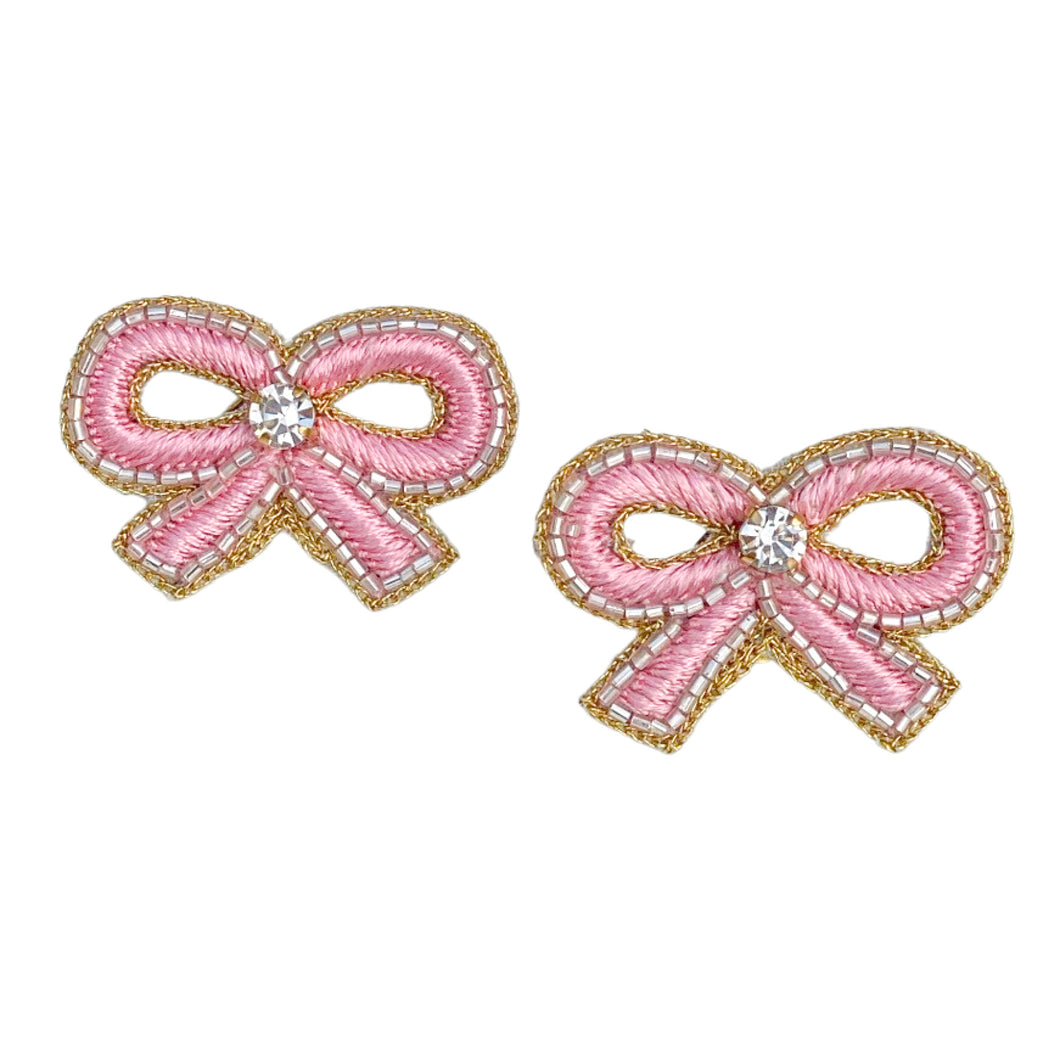 Small Embroidered Pink Bow Earrings