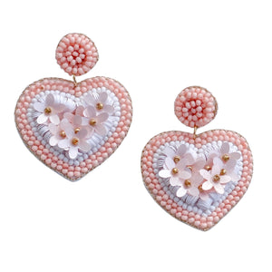 Pink and White Sequins Heart Earrings