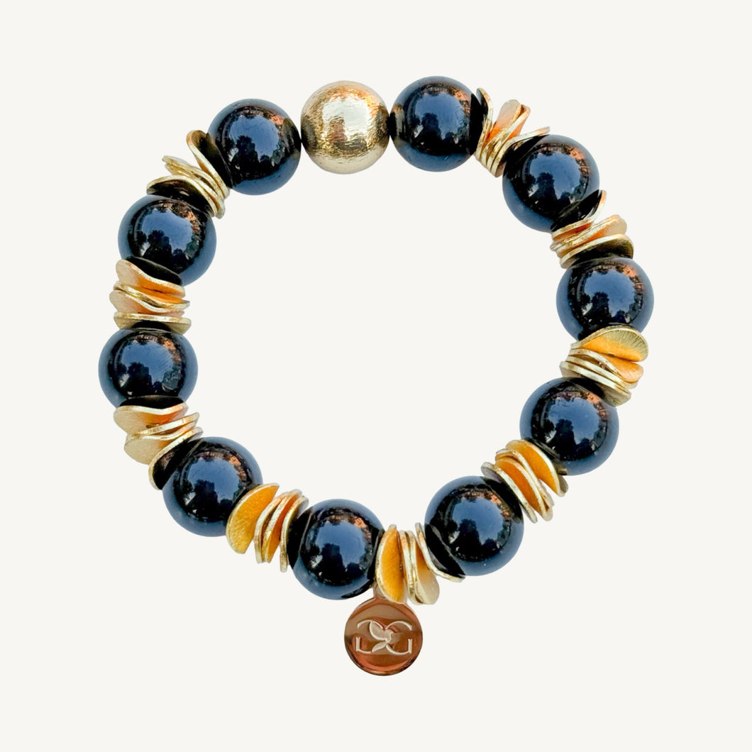 Black Obsidian and Gold Beads Bracelet | 12mm