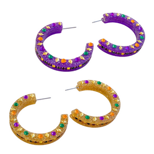 Mardi Gras Glitter Hoops With Stones | Gold | Purple