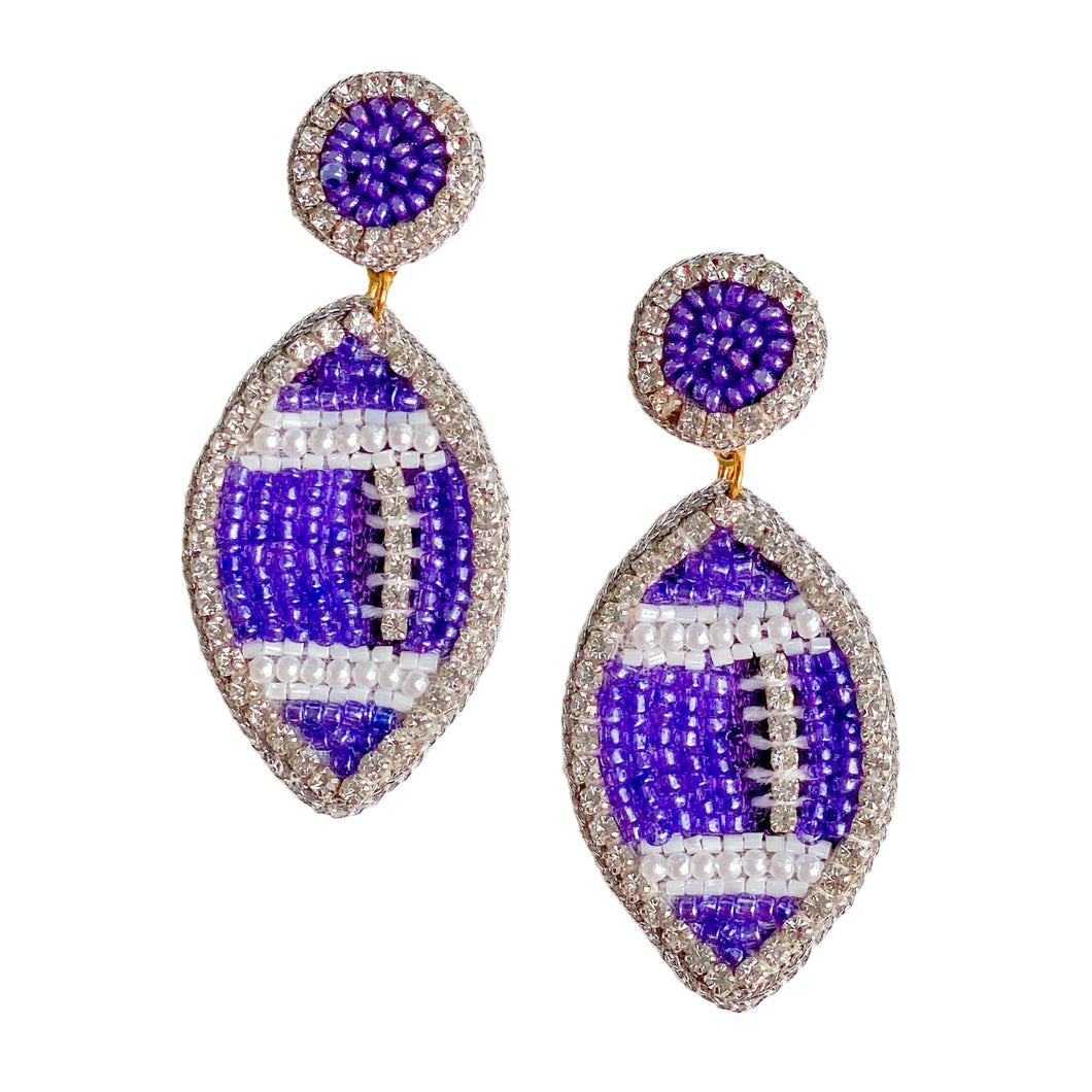 Purple and Silver Beaded GameDay Football Earrings