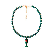 Load image into Gallery viewer, Gone Fishing in Fall Green Beaded Necklace with Fish Charm
