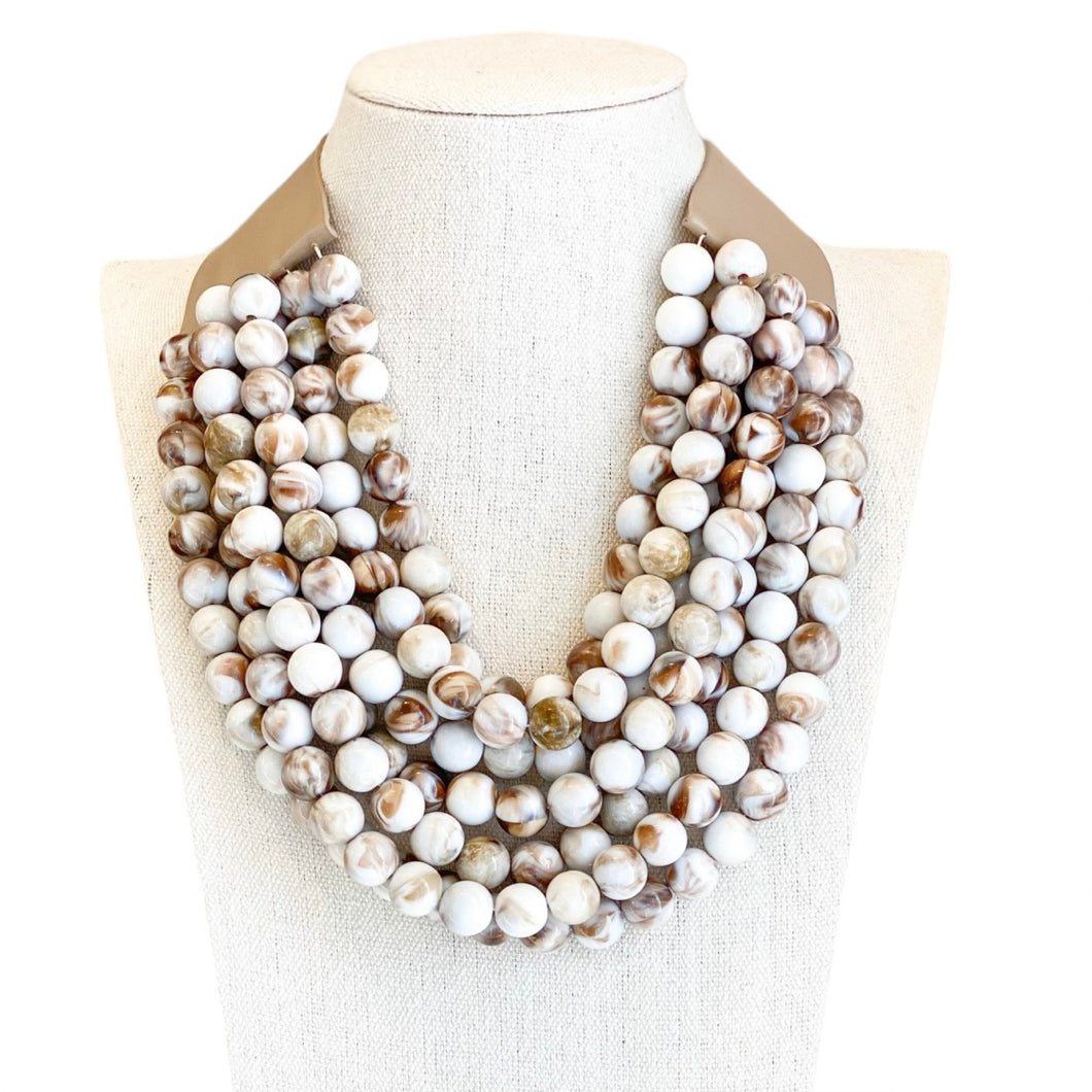 Shannan Beaded Layered Necklace | Brown and Off white Marbled