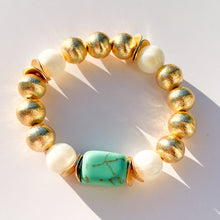 Charger l'image dans la galerie, Turquoise Howlite &amp; Mother of Pearl Brushed Gold Beaded Stretch Bracelet
