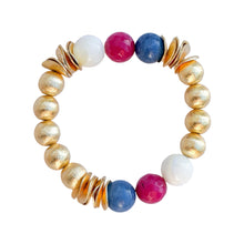Charger l'image dans la galerie, Fuchsia Jade, Blue Jade &amp; Mother of Pearl Brushed Gold Stretch Bracelet
