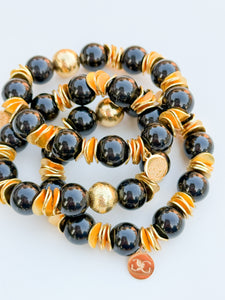 Black Obsidian and Gold Beads Bracelet | 12mm