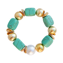 Load image into Gallery viewer, Green Turquoise Howlite, Cotton Pearl &amp; Brushed Gold Chunky Stretch Bracelet
