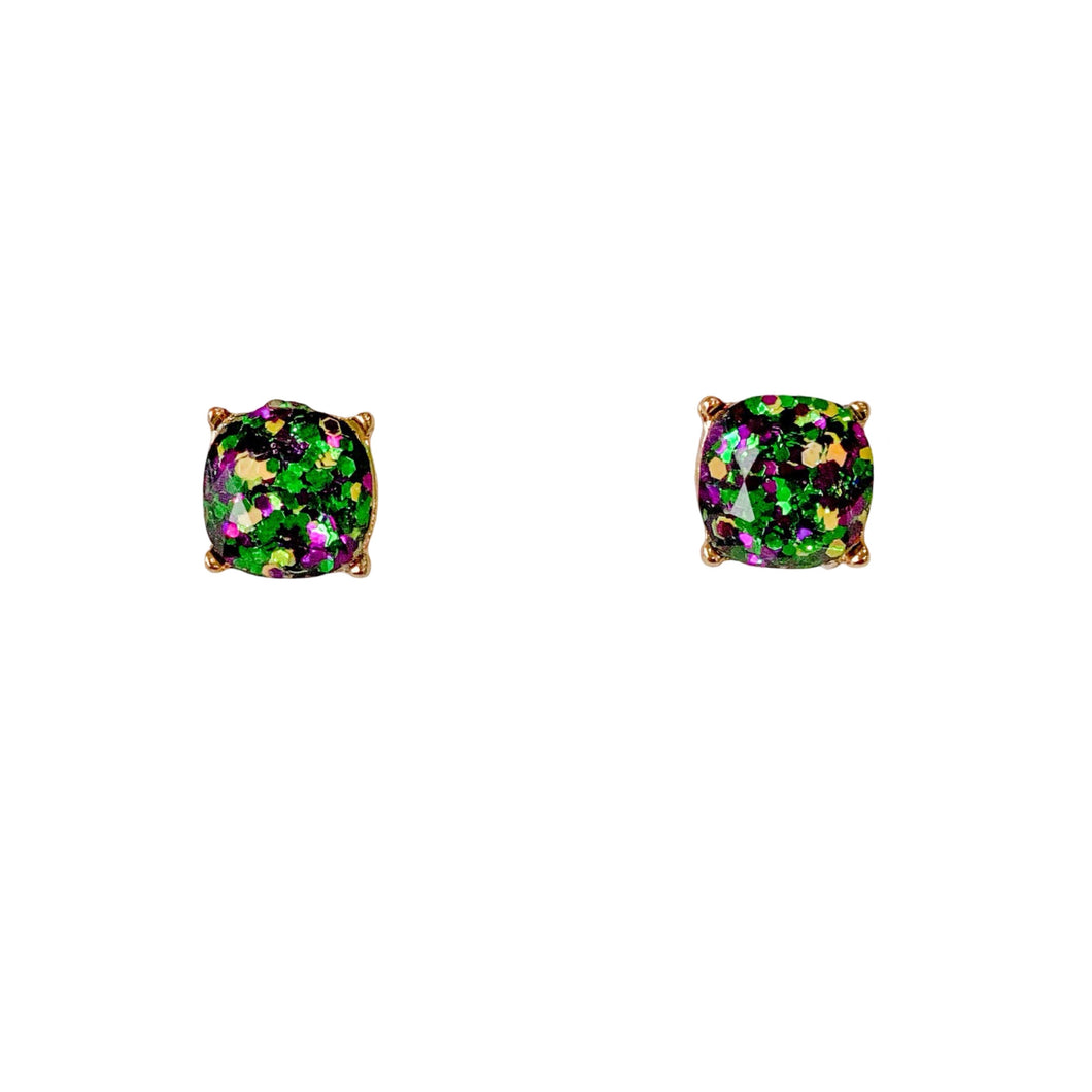 Mardi Gras Glittery Stud Earrings - Small