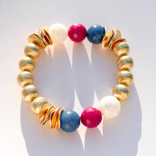 Charger l'image dans la galerie, Fuchsia Jade, Blue Jade &amp; Mother of Pearl Brushed Gold Stretch Bracelet
