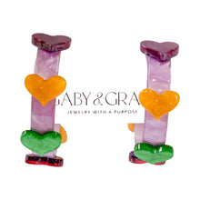 Load image into Gallery viewer, Mardi Gras Heart Hoop Earrings
