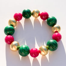Load image into Gallery viewer, Malachite, Fuchsia Jade &amp; Brushed Gold Beaded Stretch Bracelet
