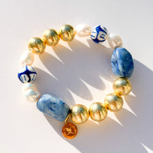 Load image into Gallery viewer, Fresh Water Pearls, Blue Porcelain &amp; Brushed Gold Mixed Bead Stretch Bracelet
