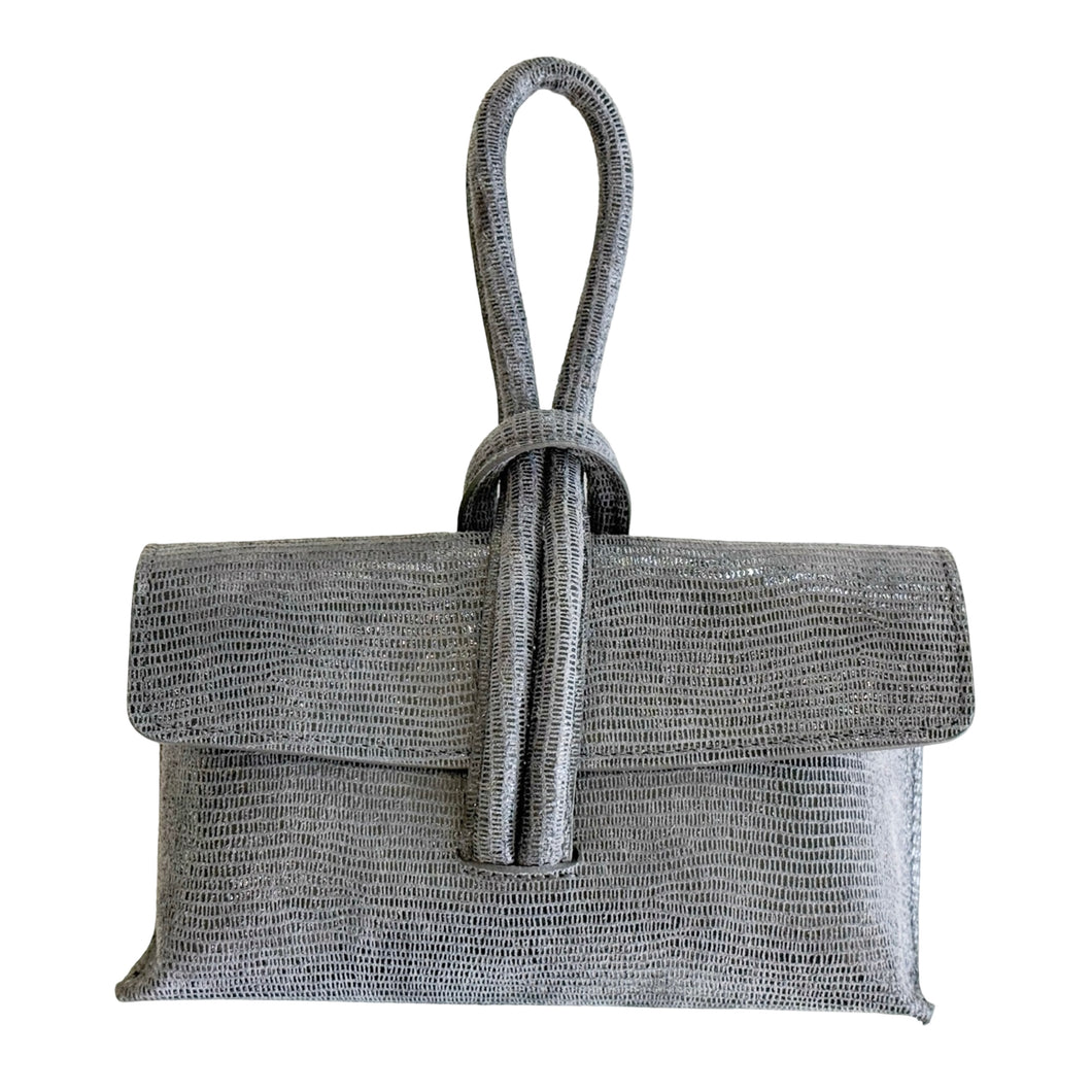 Wristlet Leather Handbag | Grey Snakeskin