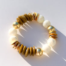 Load image into Gallery viewer, Mother of Pearl, Brown Ashanti Beads &amp; Brushed Gold Beaded Stretch Bracelet
