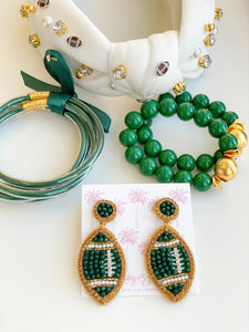 Green and Gold Beaded GameDay Football Earrings