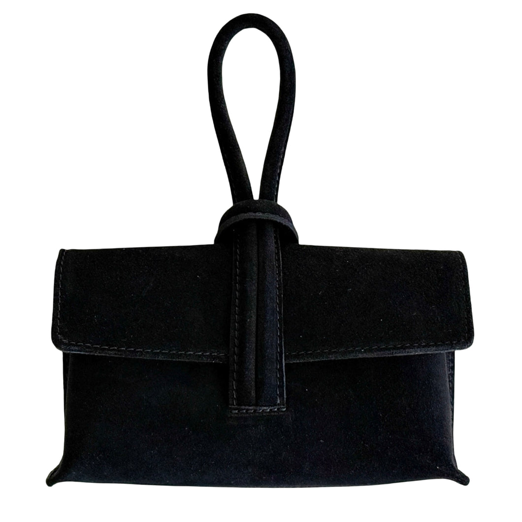Wristlet Leather Handbag | Black Suede