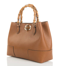 Load image into Gallery viewer, Bianca Bamboo-Handle Leather Tote Handbag| Cognac
