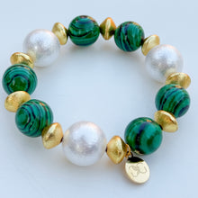 Load image into Gallery viewer, Malachite and Cotton Pearls Bracelet | 14mm
