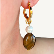 Load image into Gallery viewer, Roberta Pearl and Tiger Eye Earrings
