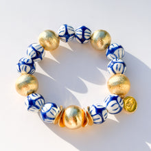 Load image into Gallery viewer, Blue &amp; White Porcelain Bead &amp; Brushed Gold Stretch Bracelet
