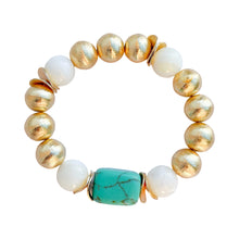 Charger l'image dans la galerie, Turquoise Howlite &amp; Mother of Pearl Brushed Gold Beaded Stretch Bracelet
