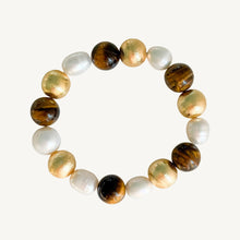 Load image into Gallery viewer, Tiger&#39;s Eye, Fresh water Pearls and Gold Beads Bracelet | 12mm
