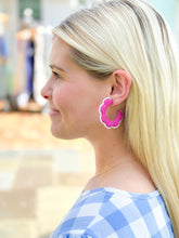 Load image into Gallery viewer, Scalloped Raffia Hoop Earrings | Fuchsia and Pearls
