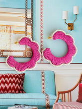 Load image into Gallery viewer, Scalloped Raffia Hoop Earrings | Fuchsia and Pearls
